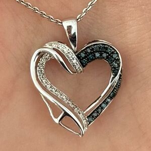 Genuine Blue & White Diamond Heart Necklace 925 Sterling Silver - 21 Inch Chain